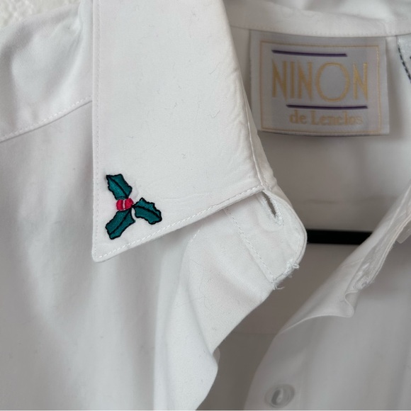 VTG 90s White Women’s Christmas Button Down Shirt Embroidered Pocket Collar - Picture 4 of 14